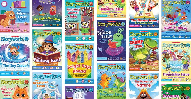 Collage of colorful Storyworks 2 magazine covers with themes for young readers