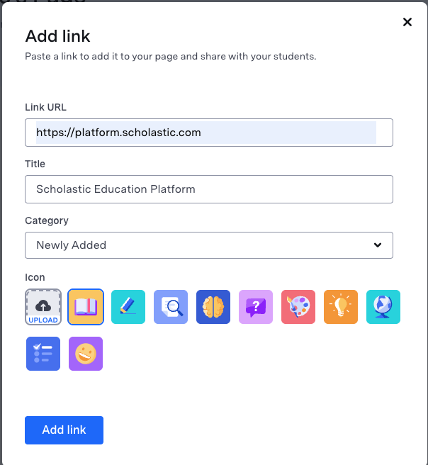 An Add Link dialog with fields for URL, title, category, and icon selection