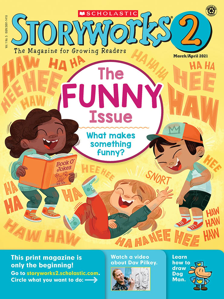 Cover: Illustration of children laughing as one reads a book and the text "The Funny Issue"