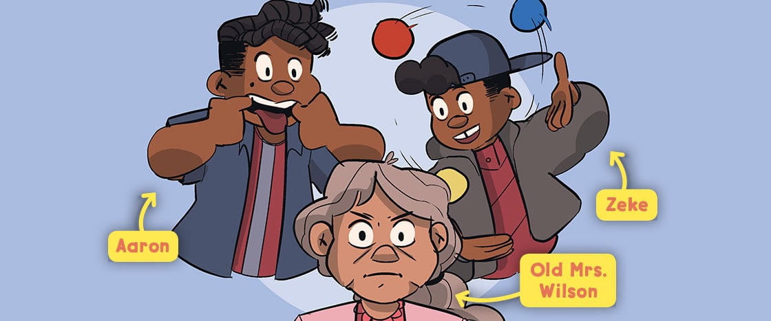 Illustration of two boys making faces and juggling behind a frowning old woman