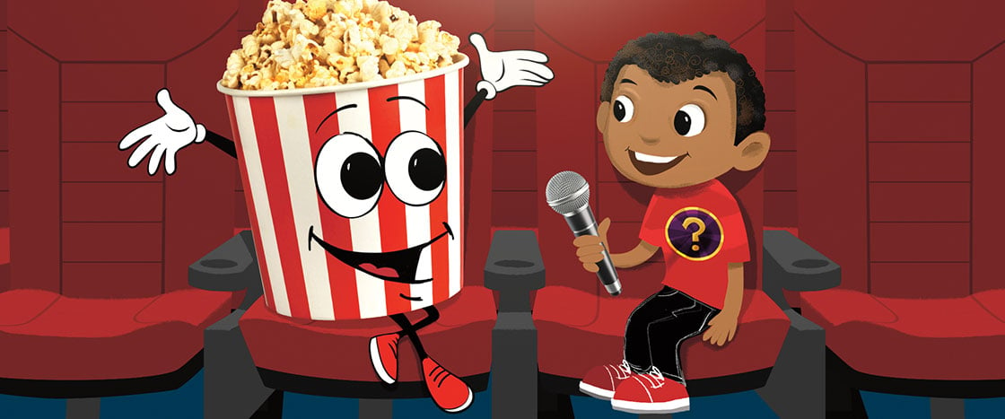 Illustration of Question Mark interviewing a bucket of popcorn in the movie theater