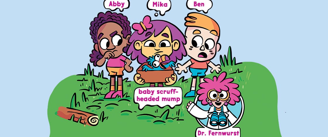 illustration of three friends: Abby, Mika, and Ben. Mika is holding a bird.