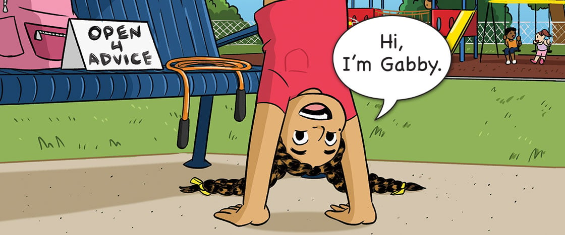 Illustration of a smiling girl with pigtails doing a handstand next to a sign saying "Open 4 Advice"