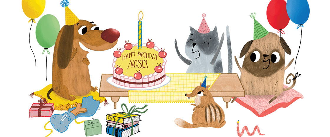 Illustration of animals at a birthday party for Nosey the dog