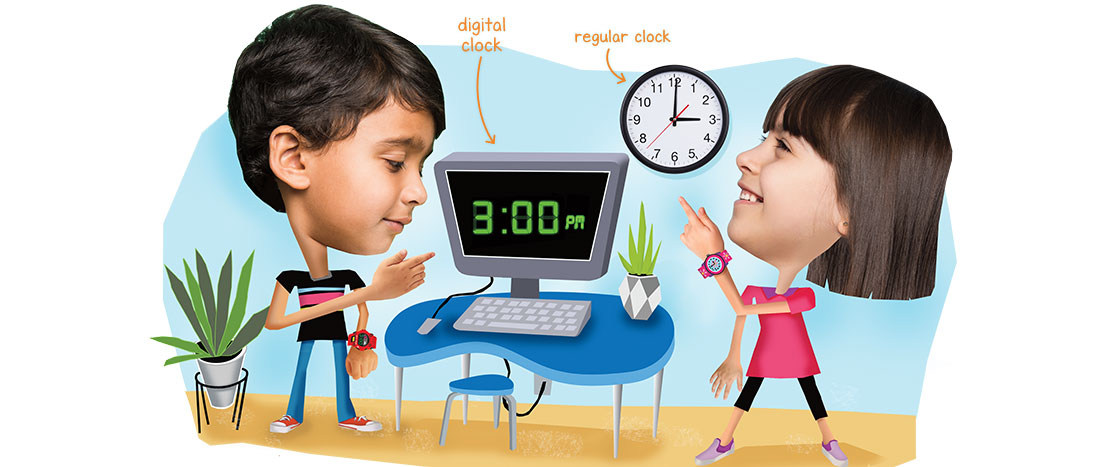 Illustration of a boy and girl looking at two types of clocks