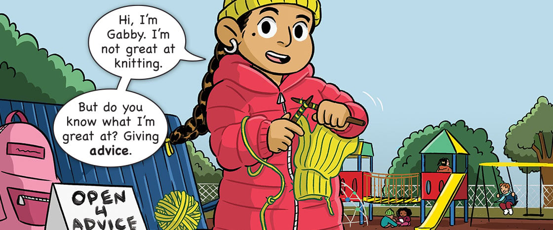 Illustration of a girl in a red winter coat knitting a glove next to the playground