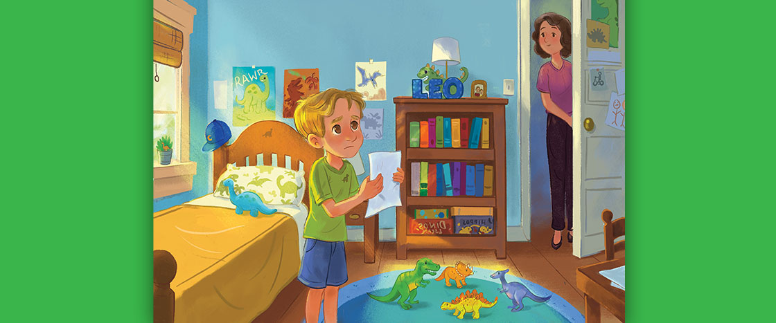 illustration of a sad boy in a bedroom with dinosaur decorations and toys