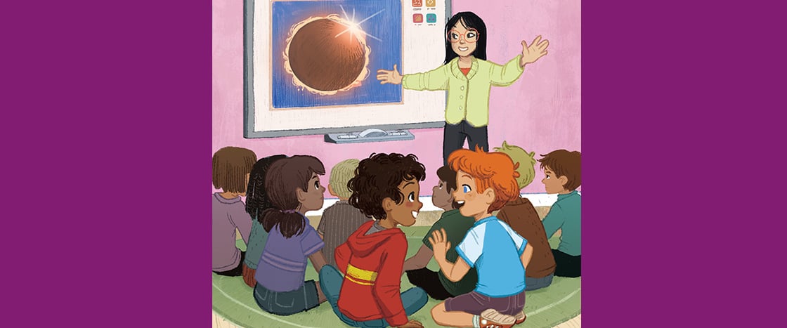 Illustration of a teacher teaching class about the eclipse