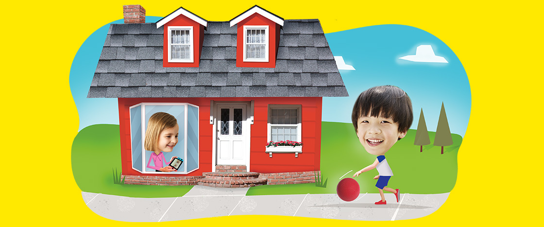 Image of a kid in her house and one outside playing ball