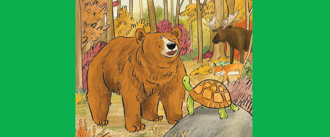 Illustration of a bear and turtle talking to each other in a forest