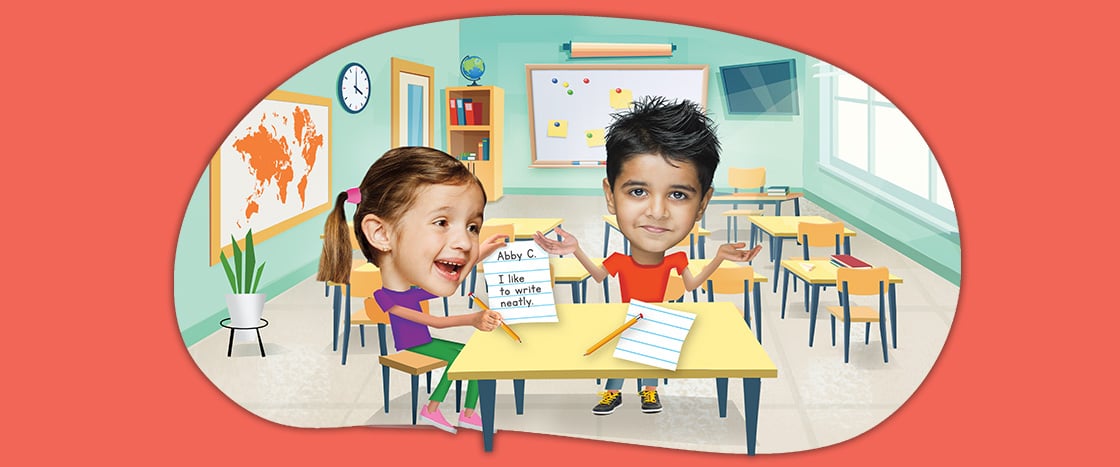 Image of two students writing in a classroom