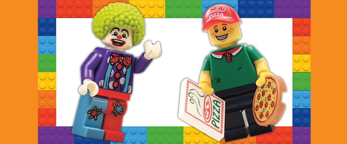 Image of a Lego clown person and image of Lego pizza delivery person