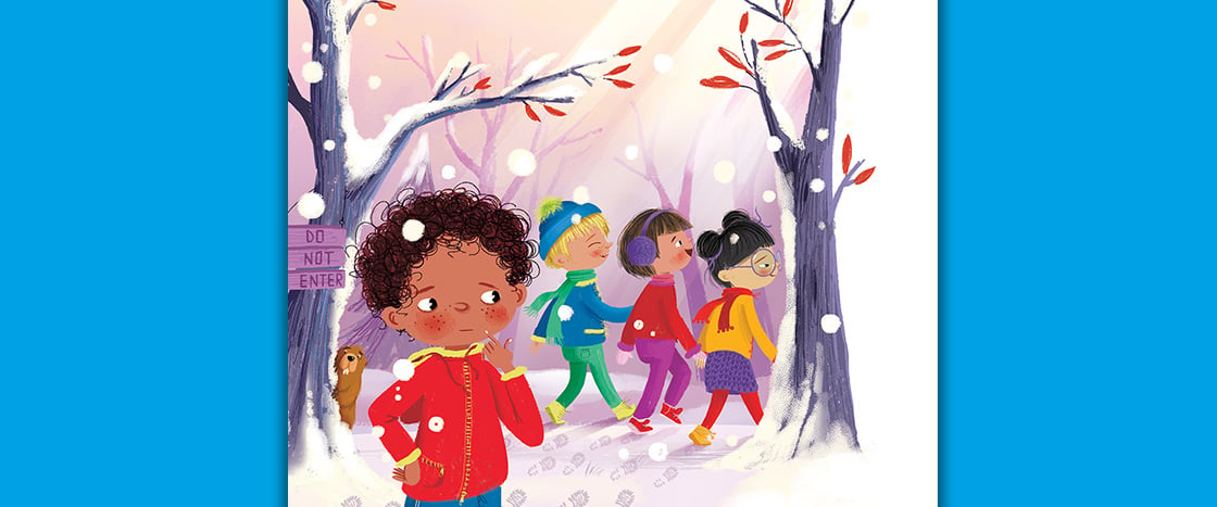 Illustration of a group of kids walking into the snowy woods