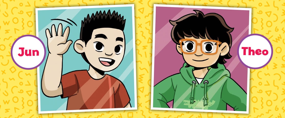 Illustration introducing main characters of comic, Jun and Theo