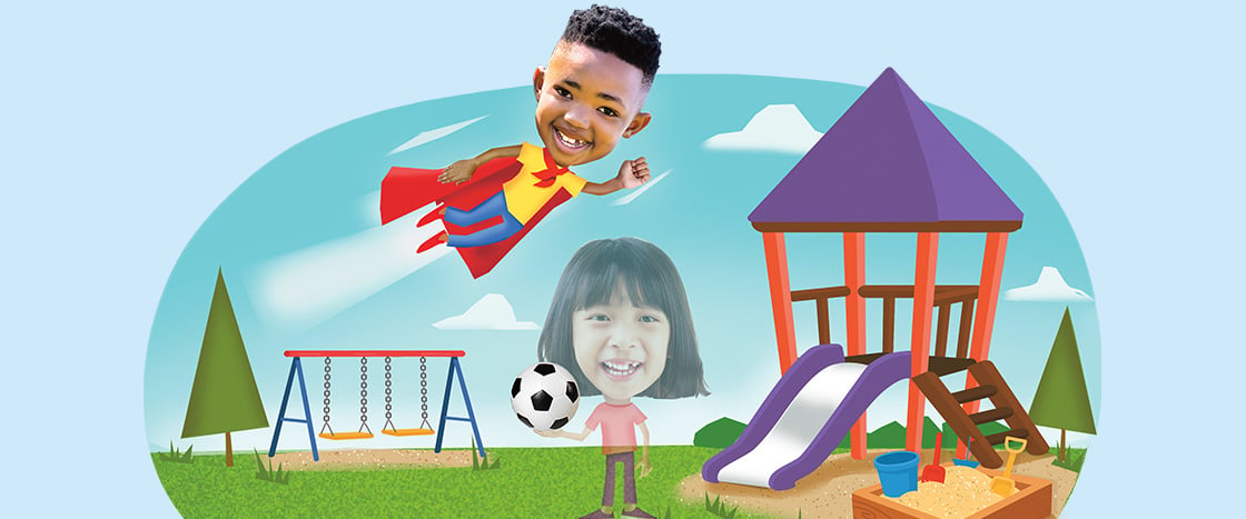 Two children appear in a playground scene, one as a superhero in flight and one with a soccer ball