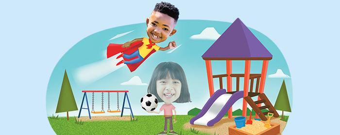 Two children appear in a playground scene, one as a superhero in flight and one with a soccer ball