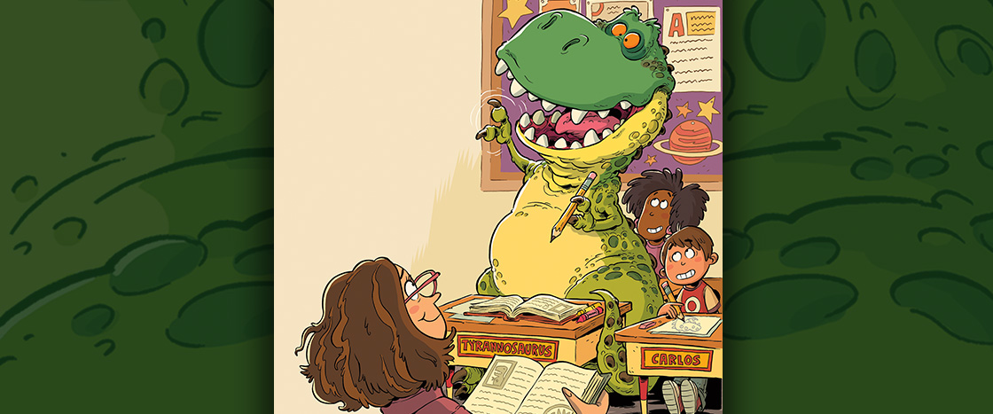 A cartoon T. rex sits at a school desk labeled Tyrannosaurus next to a boy named Carlos