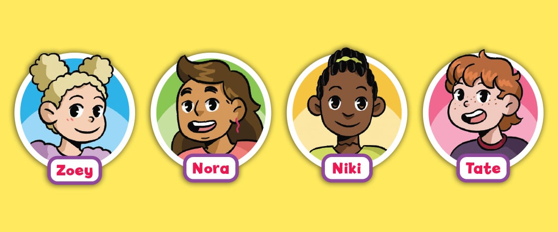 Four cartoon child portraits labeled Zoey, Nora, Niki, and Tate