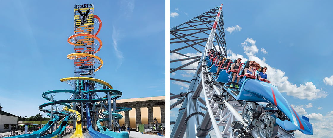 Two theme park rides: the Icarus water slide tower and a roller coaster with riders
