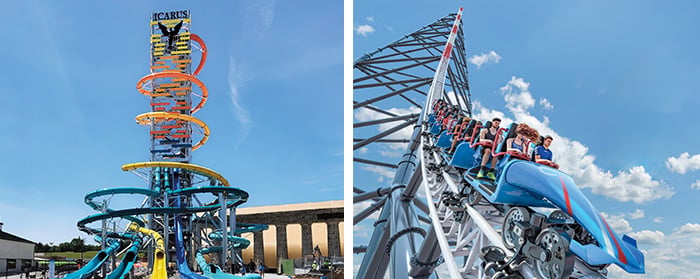 Two amusement park rides, including the Icarus tower slide and a roller coaster with riders