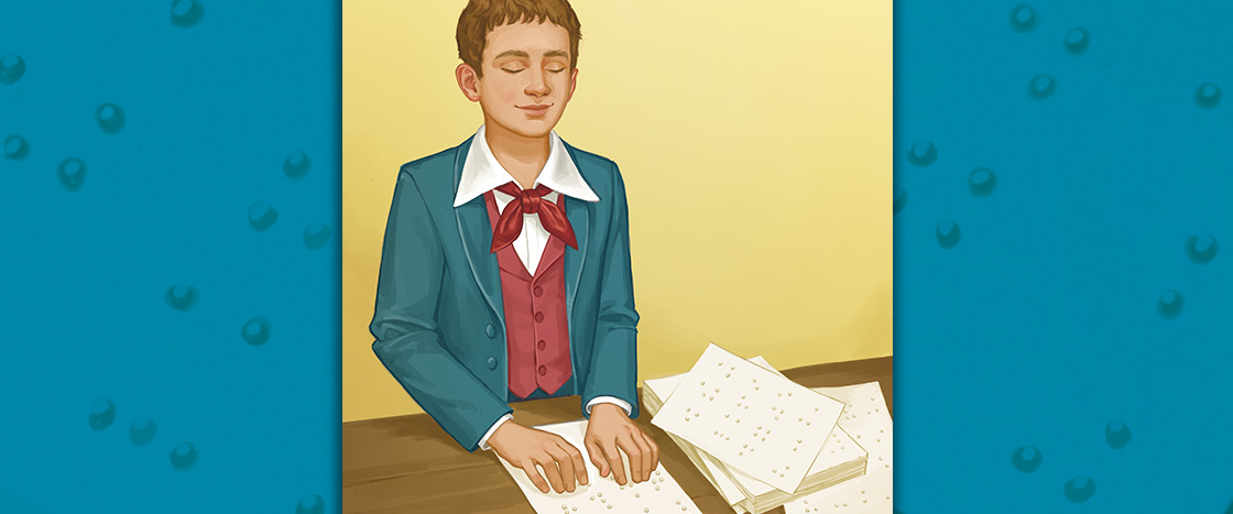 A boy sits at a desk and reads a braille book with his eyes closed and fingertips on the page
