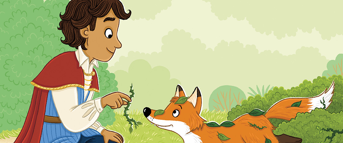 A young prince kneels and reaches toward a fox covered in leaves in a garden