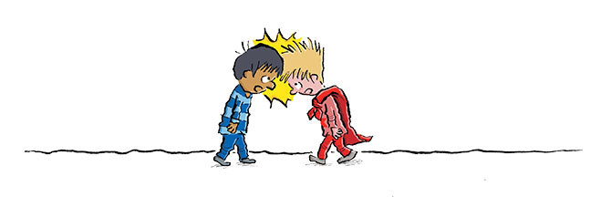 enlargeable illustration of two boys bumping heads together