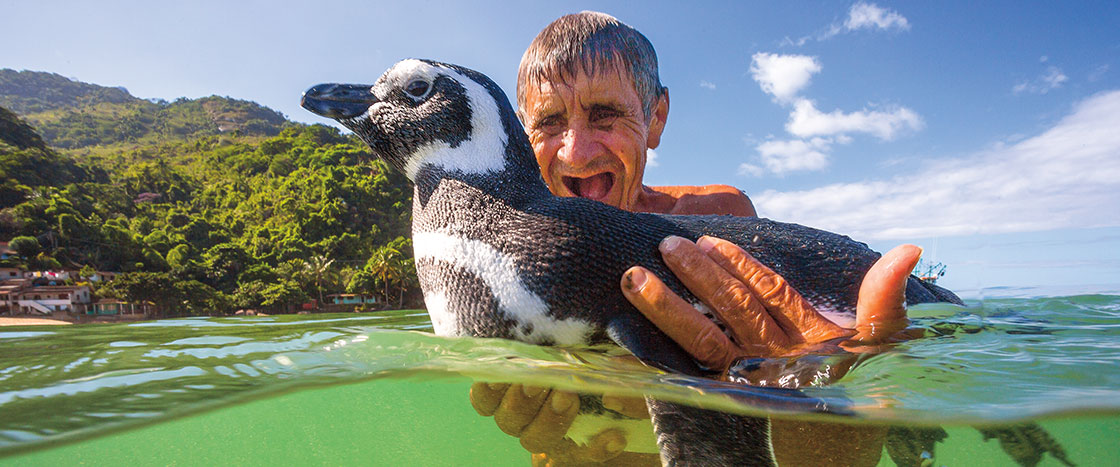 a man holding a penguin in the water