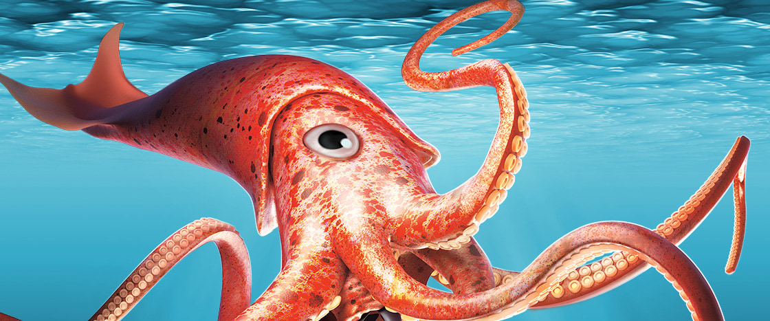 Illustration of giant red squid underwater